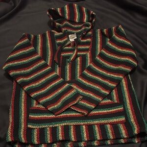 Striped Hooded Pullover Sweater - Black with Red, Green, Yellow Stripes